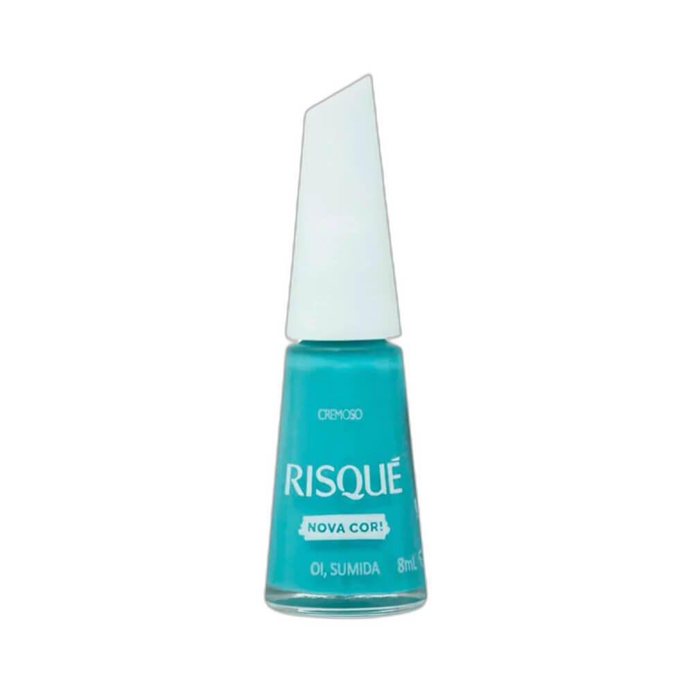 Frasco de esmalte Risqué Oi Sumida azul turquesa vibrante com tampa branca